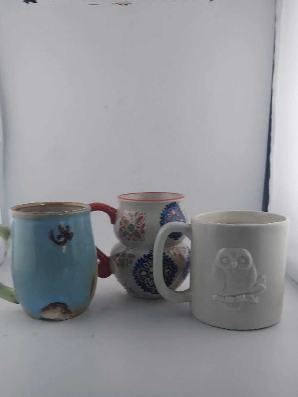 Vintage Owl Mug Set - Blue, White, Cream with Coral Accent